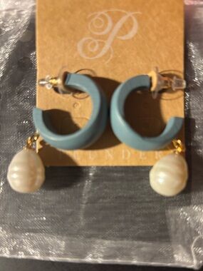New Plunder Faux Pearl Drop Blue wood Hoop Earrings